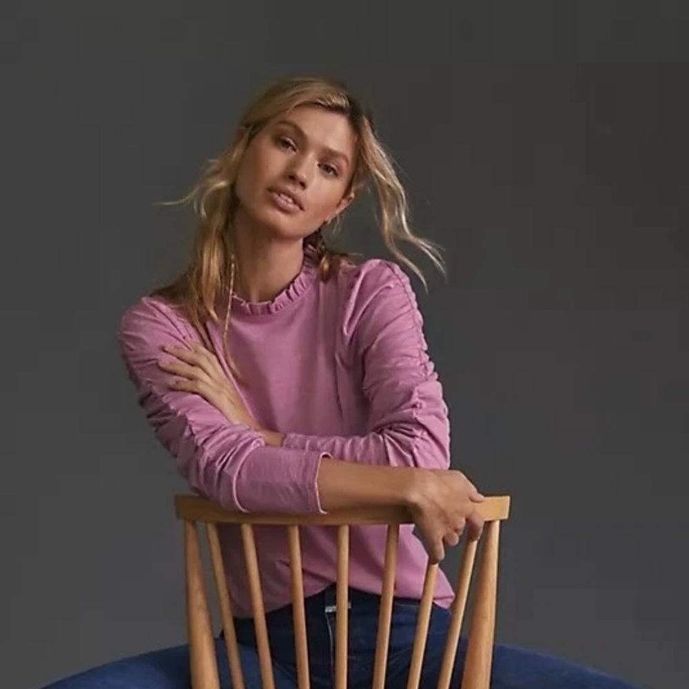 Anthropologie Maeve Ruffle Neck Ruched Long Sleeve Tee